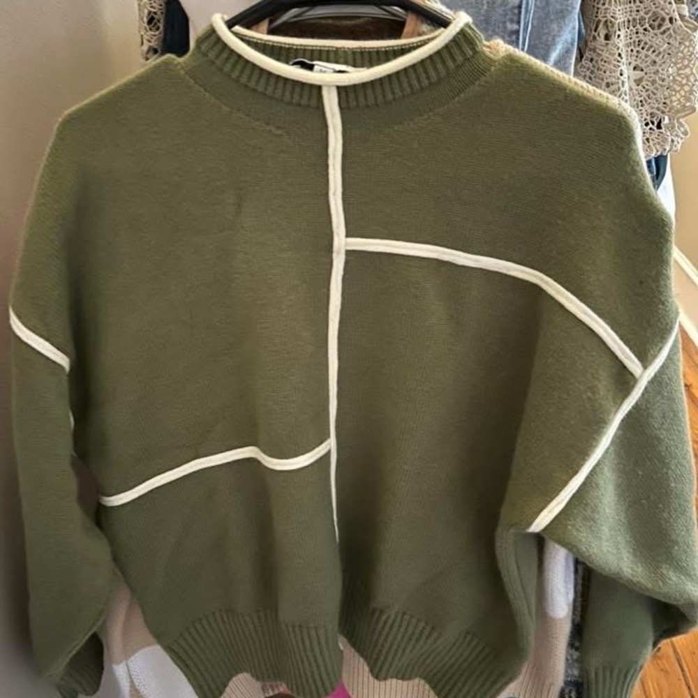 Olive Green Sweater with White Accents